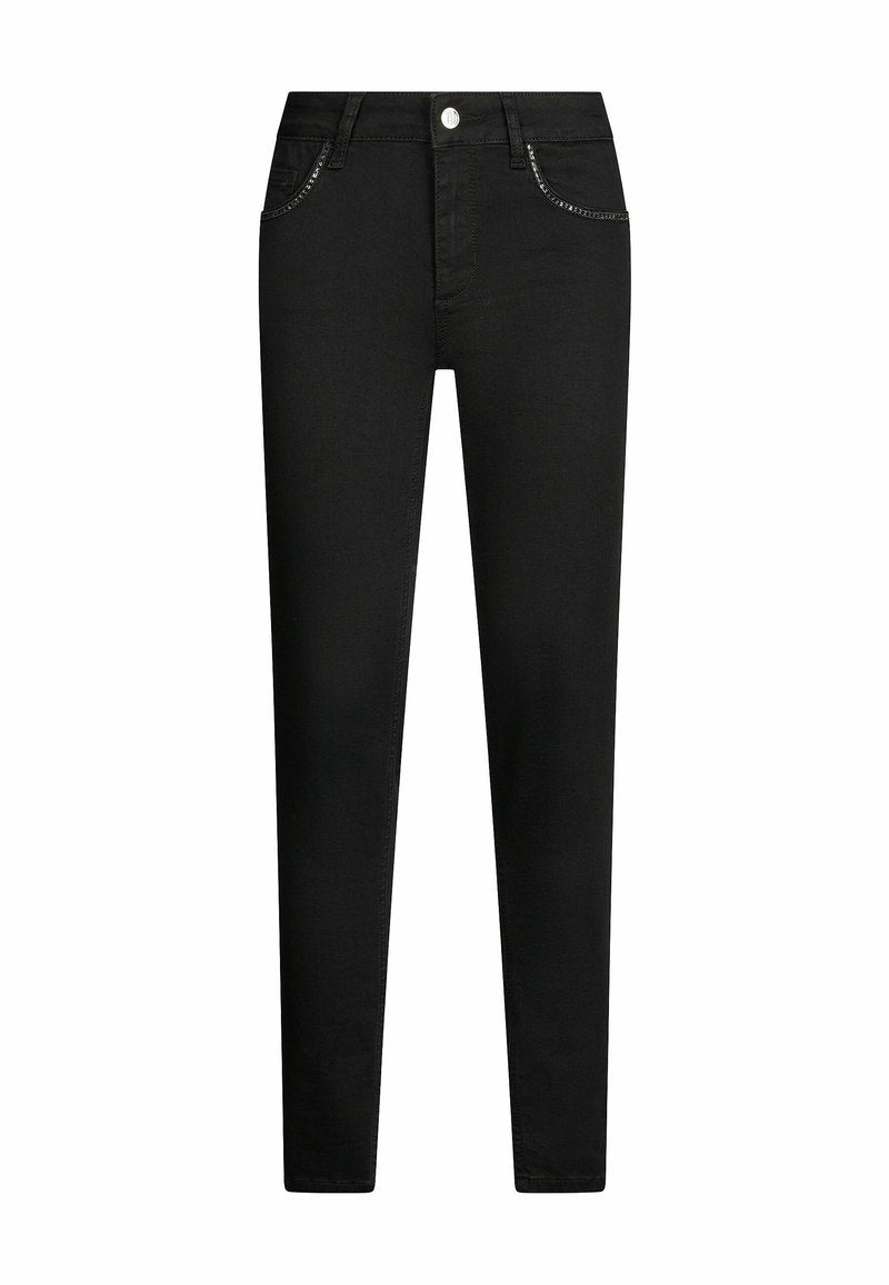 Schwarze Jeans aus Denim mit schmaler Passform, fünf Taschen-Design und silbernen Beschlägen an den Knöpfen und der Taschennaht.