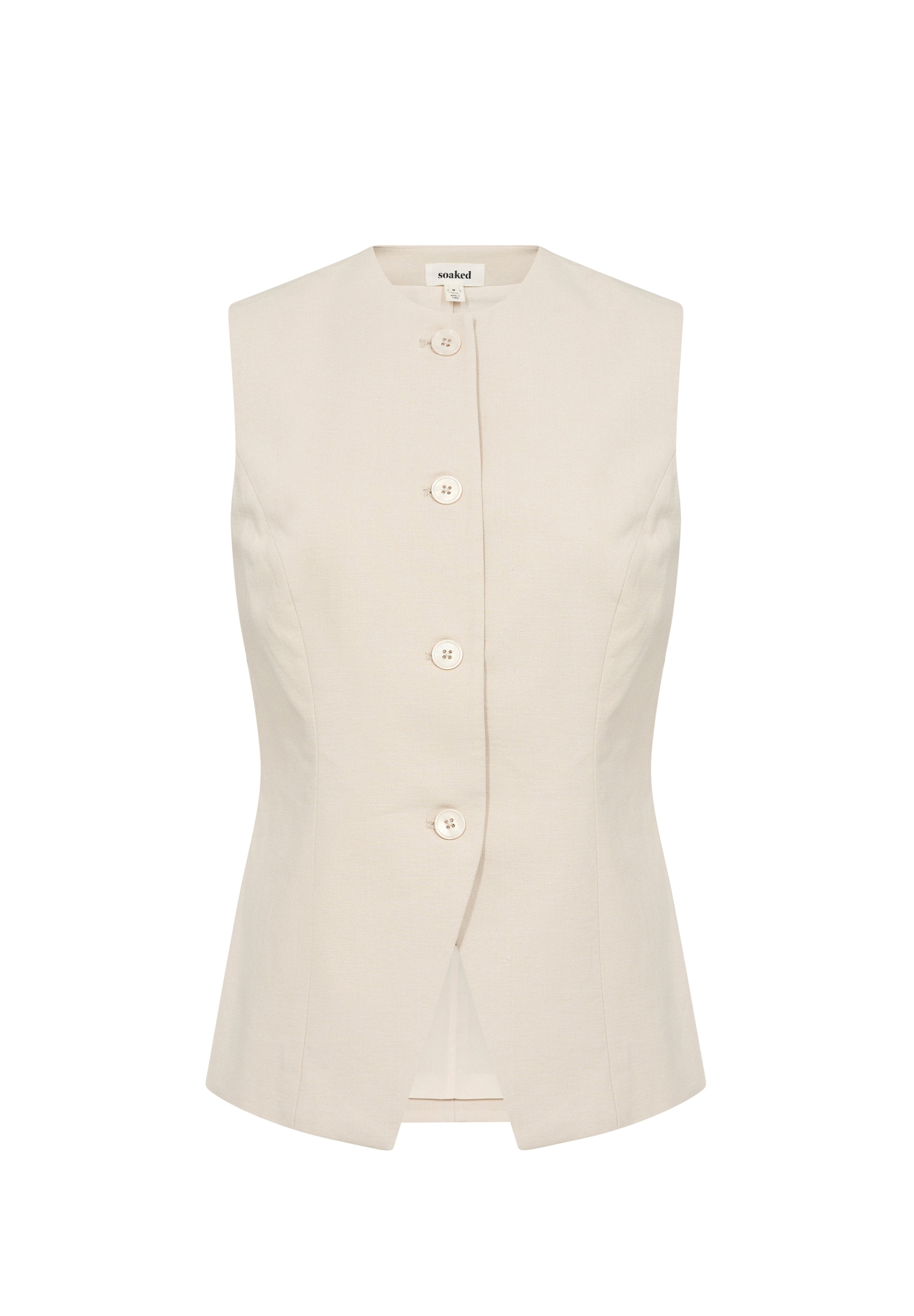 Ärmelloser Leinen-Blazer, hellbeige, mit einem runden Ausschnitt, sechs vorderen Knöpfen und einer taillierten Passform mit leicht ausgestellt geschnittenem Saum.