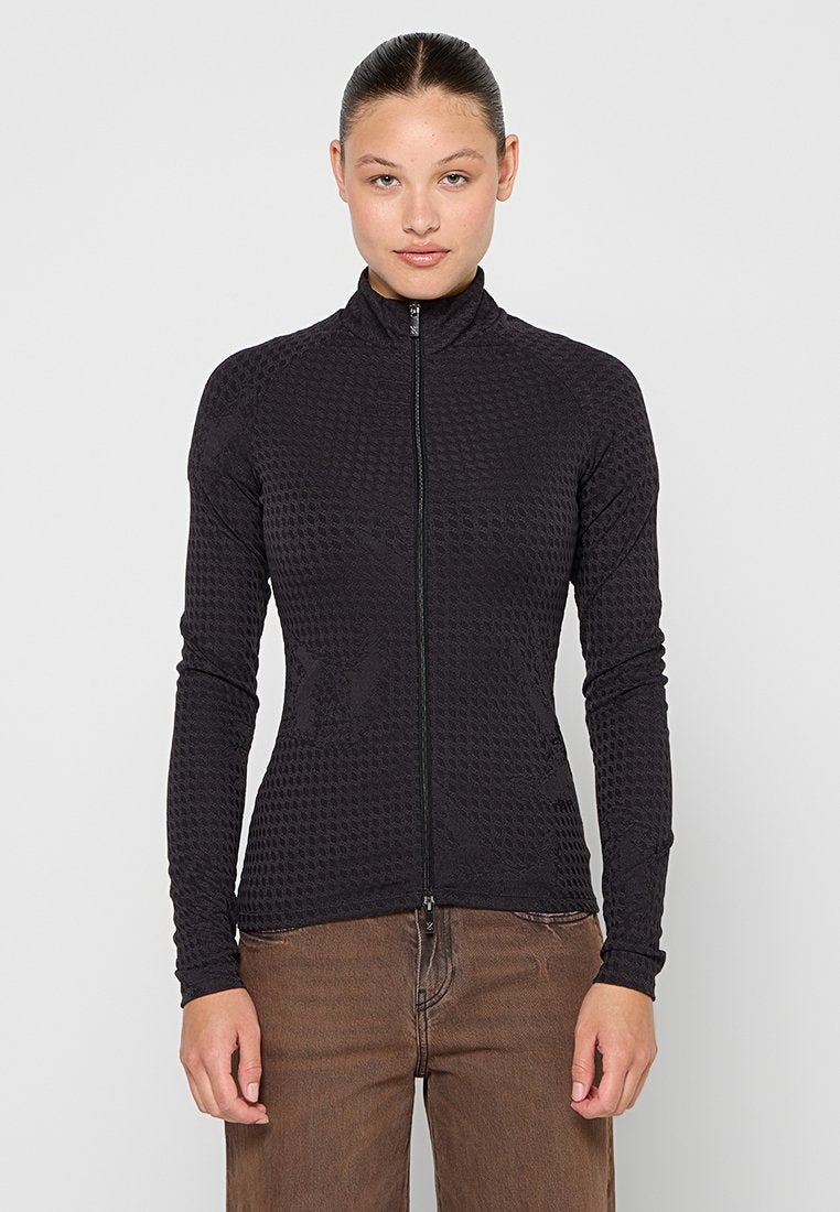 Schwarze, langärmlige Jacke mit Reißverschluss, die ein strukturiertes Muster, einen hohen Kragen und ein enganliegendes Design aufweist. Hergestellt aus dehnbarem Material für optimalen Komfort.