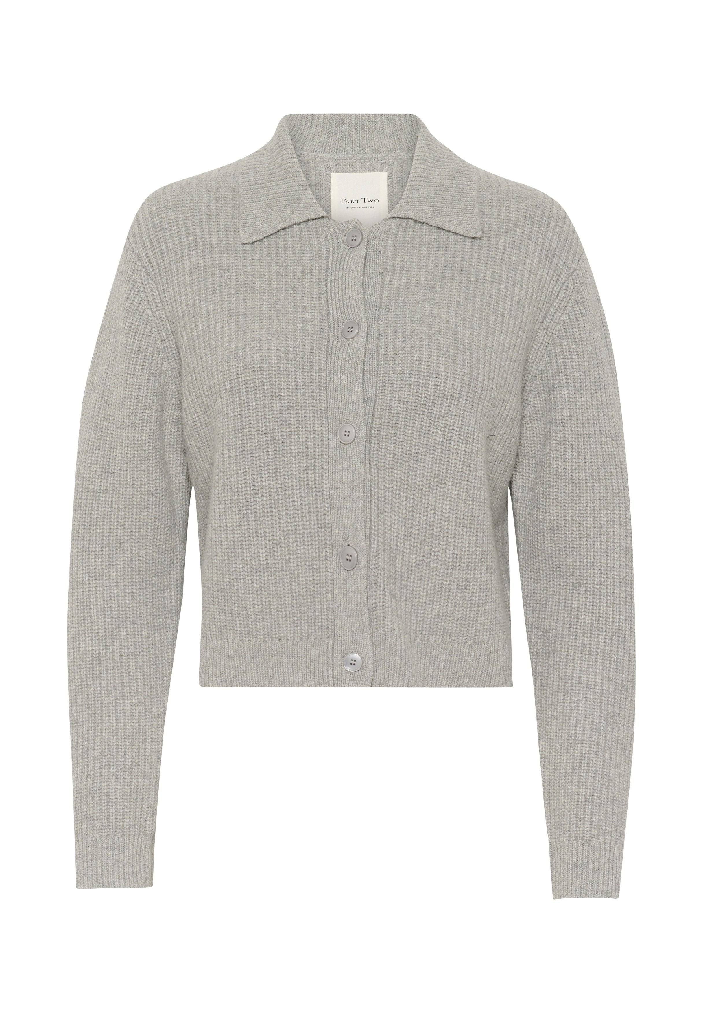 Grauer Strickcardigan mit Kragen, Knopfleiste, langen Ärmeln und geripptem Textur, der subtile wechselnde Muster aufweist.