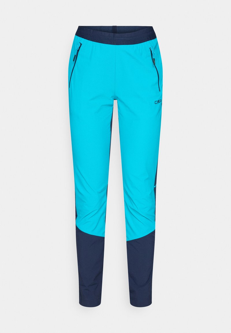 Blaue und marineblaue leichte Outdoor-Hosen mit elastischem Bund, Reißverschlusstaschen an den Seiten und zulaufenden Beinen.