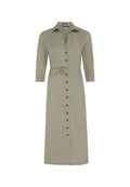 Khaki Hemdkleid mit Knopfleiste, Dreiviertelärmel, einem Gürtel mit runder Schnalle und gerader Silhouette. Hergestellt aus weichem Stoff.