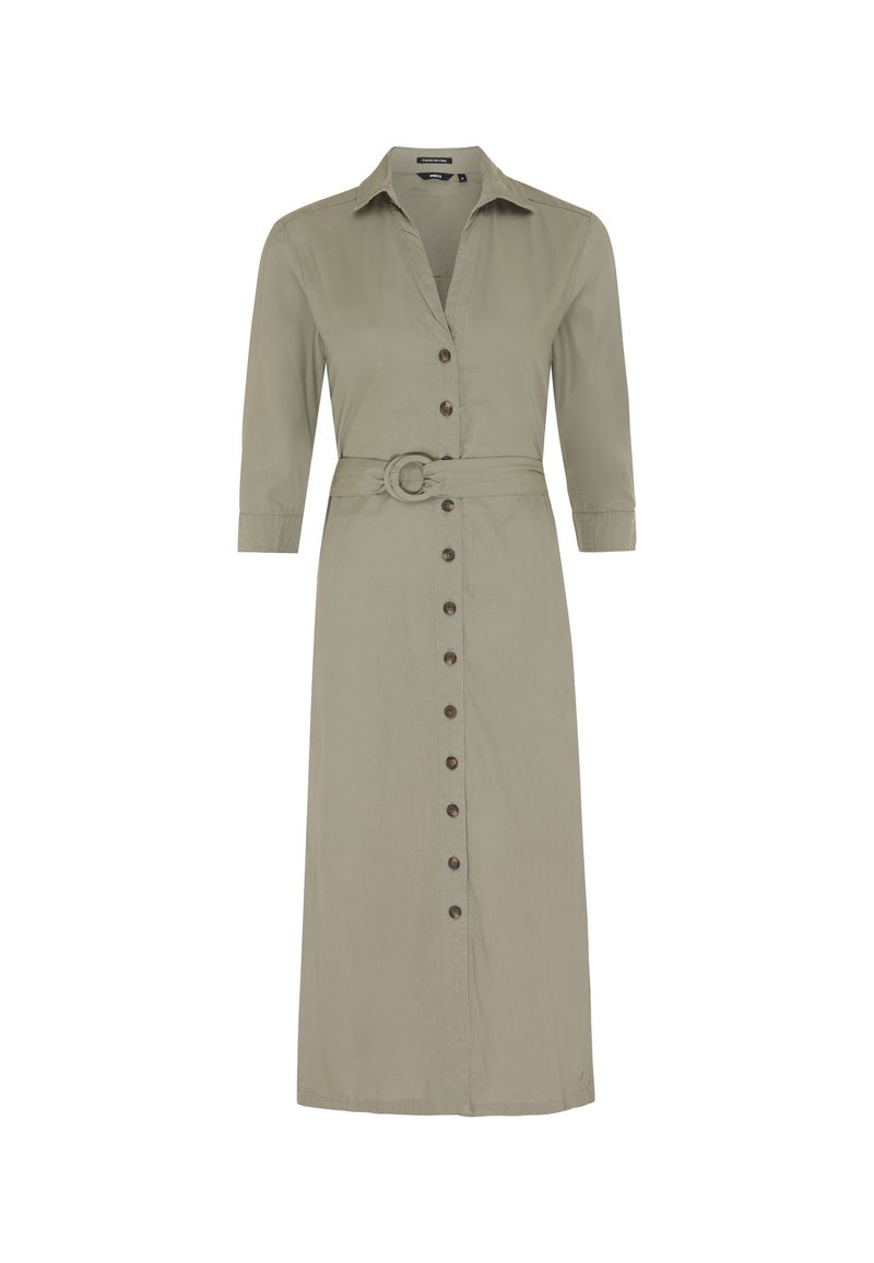 Khaki Hemdkleid mit Knopfleiste, Dreiviertelärmel, einem Gürtel mit runder Schnalle und gerader Silhouette. Hergestellt aus weichem Stoff.