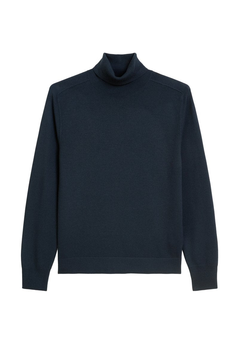 Marinefarbener Rollkragenpullover aus glattem Strickstoff. Verfügt über lange Ärmel sowie gerippte Bündchen und Säume für eine bequeme Passform.