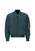 Türkise Bomberjacke aus glattem Nylon mit einem Reißverschluss an der Vorderseite, gerippten Bündchen und Saum sowie einer Seitentasche mit roten Etikett-Details.