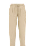 Beige Leinenhose mit elastischem Bund, verstellbarem Kordelzug und vorderen Falten. Gerader Schnitt, cropped Länge. Glatte Textur.