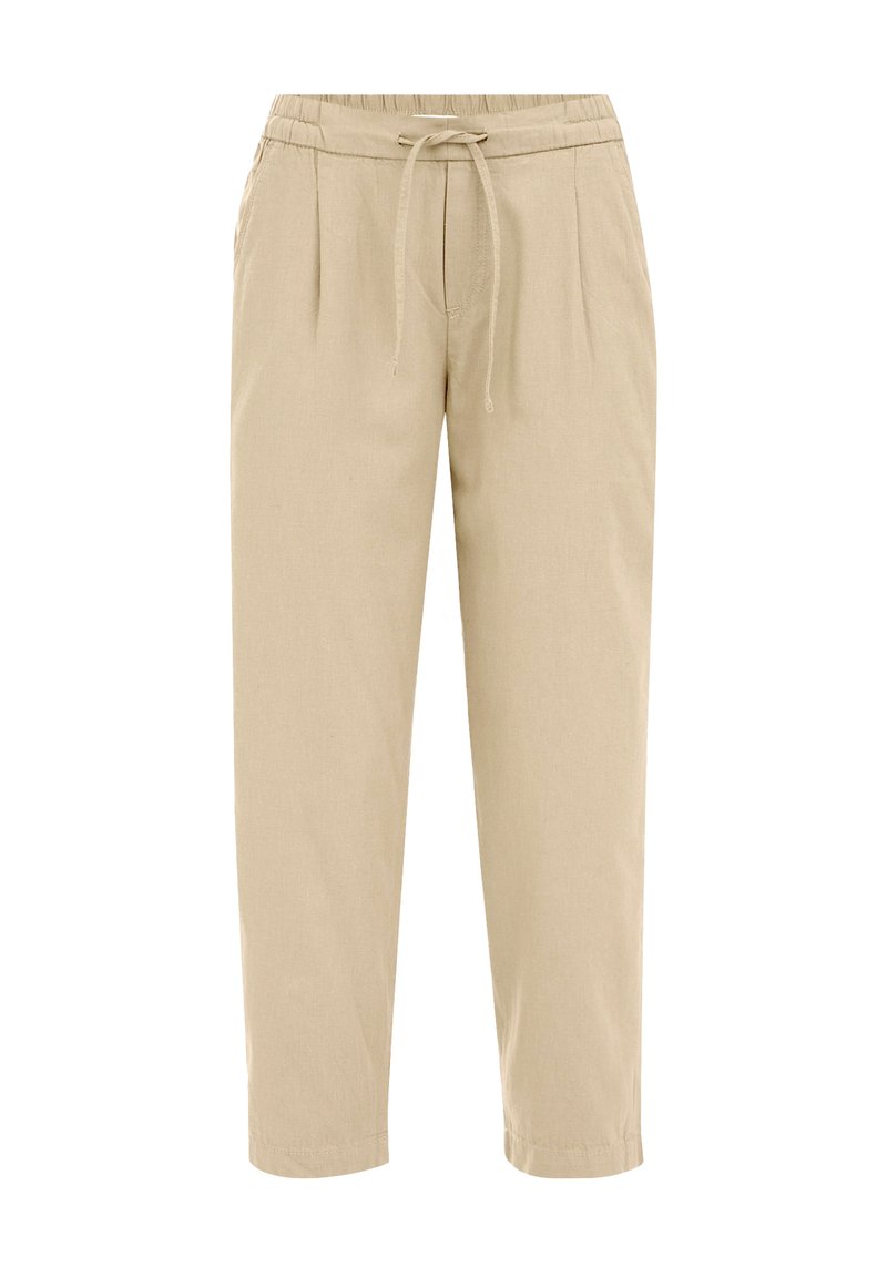 Beige Leinenhose mit elastischem Bund, verstellbarem Kordelzug und vorderen Falten. Gerader Schnitt, cropped Länge. Glatte Textur.
