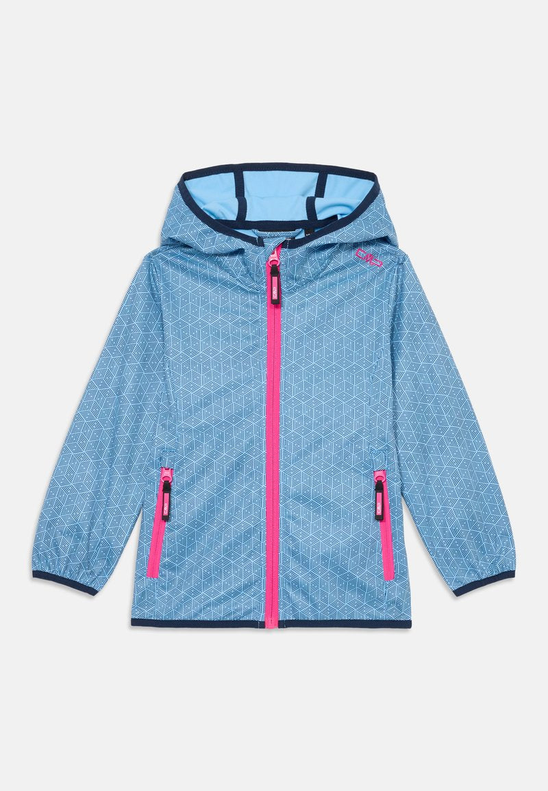 Hellblaue Kapuzenjacke mit geometrischen weißen Mustern, rosa Reißverschluss und schwarzen Details. Verfügt über zwei seitliche Reißverschlusstaschen.