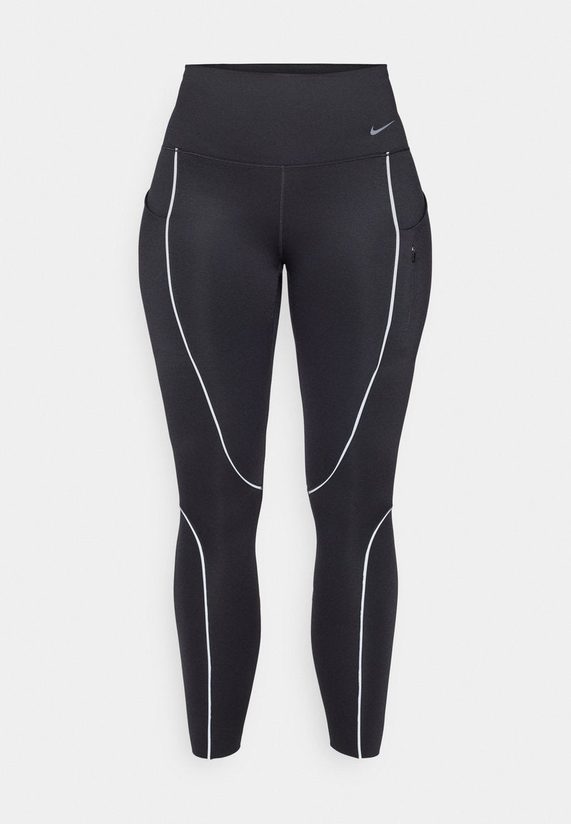 Schwarze Leggings mit hohem Bund, weißen Paspelierungen und seitlichen Taschen. Hergestellt aus dehnbarem Material für Komfort und Bewegungsfreiheit.