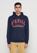Marineblaue Kapuzenjacke mit einer Vorderentasche, weißen und roten Schriftzug "O'Neill Santa Cruz California", Kordeln und gerippten Bündchen.