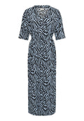 Langes, blaues und schwarzes Kleid im Zebramuster mit kurzen Ärmeln, einem V-Ausschnitt und einer taillierten Taille mit Kordelzug.