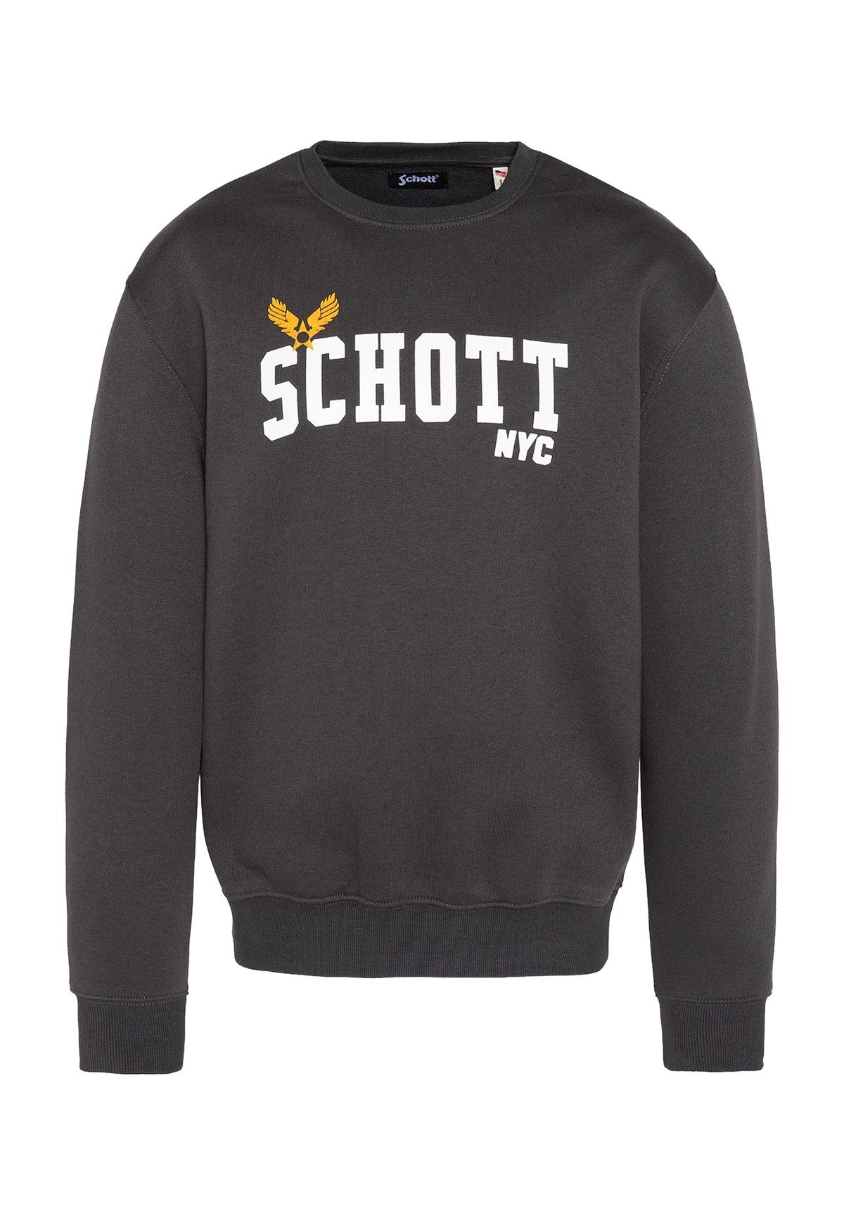Dunkelgrauer Sweatshirt mit langen Ärmeln, Rundhalsausschnitt, weißem Text "SCHOTT NYC" und gelber Grafik. Hergestellt aus weichem Baumwollmischmaterial.
