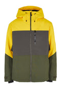 Farbblockierte Jacke mit einem gelben Oberteil, grauem Mittelteil und olivgrünem Unterteil. Mit Kapuze, Frontreißverschluss und verstellbaren Manschetten.