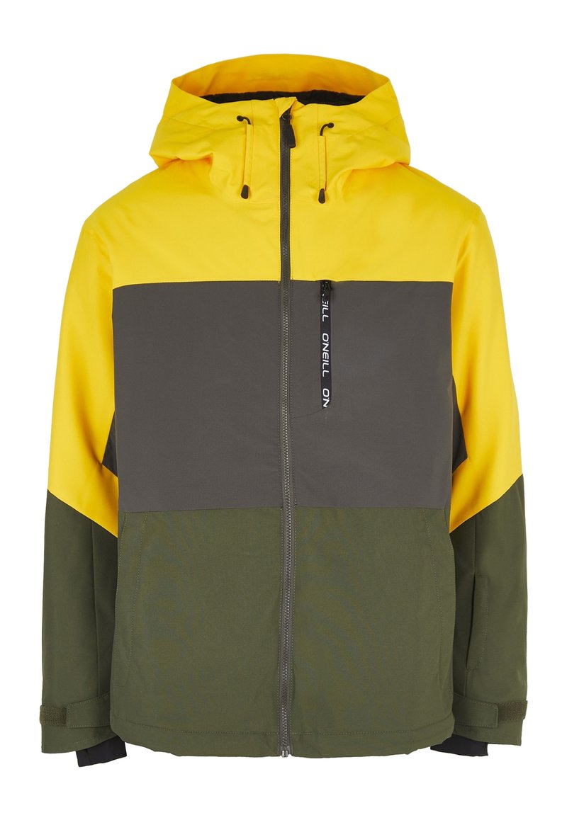 Farbblockierte Jacke mit einem gelben Oberteil, grauem Mittelteil und olivgrünem Unterteil. Mit Kapuze, Frontreißverschluss und verstellbaren Manschetten.