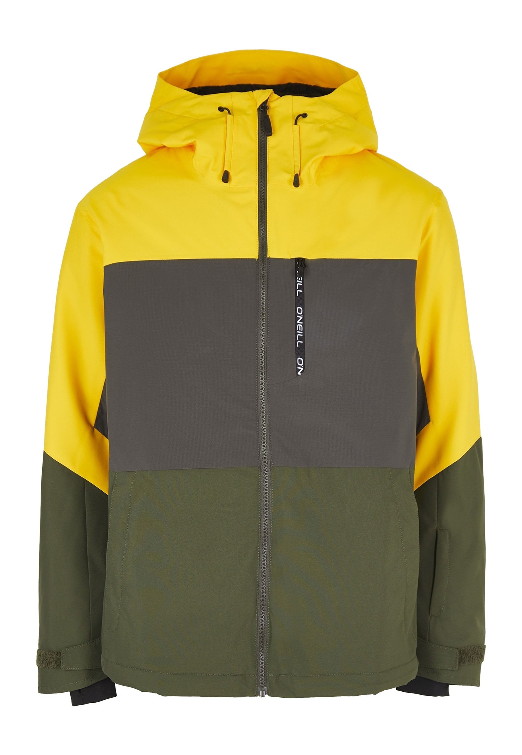 Farbblockierte Jacke mit einem gelben Oberteil, grauem Mittelteil und olivgrünem Unterteil. Mit Kapuze, Frontreißverschluss und verstellbaren Manschetten.