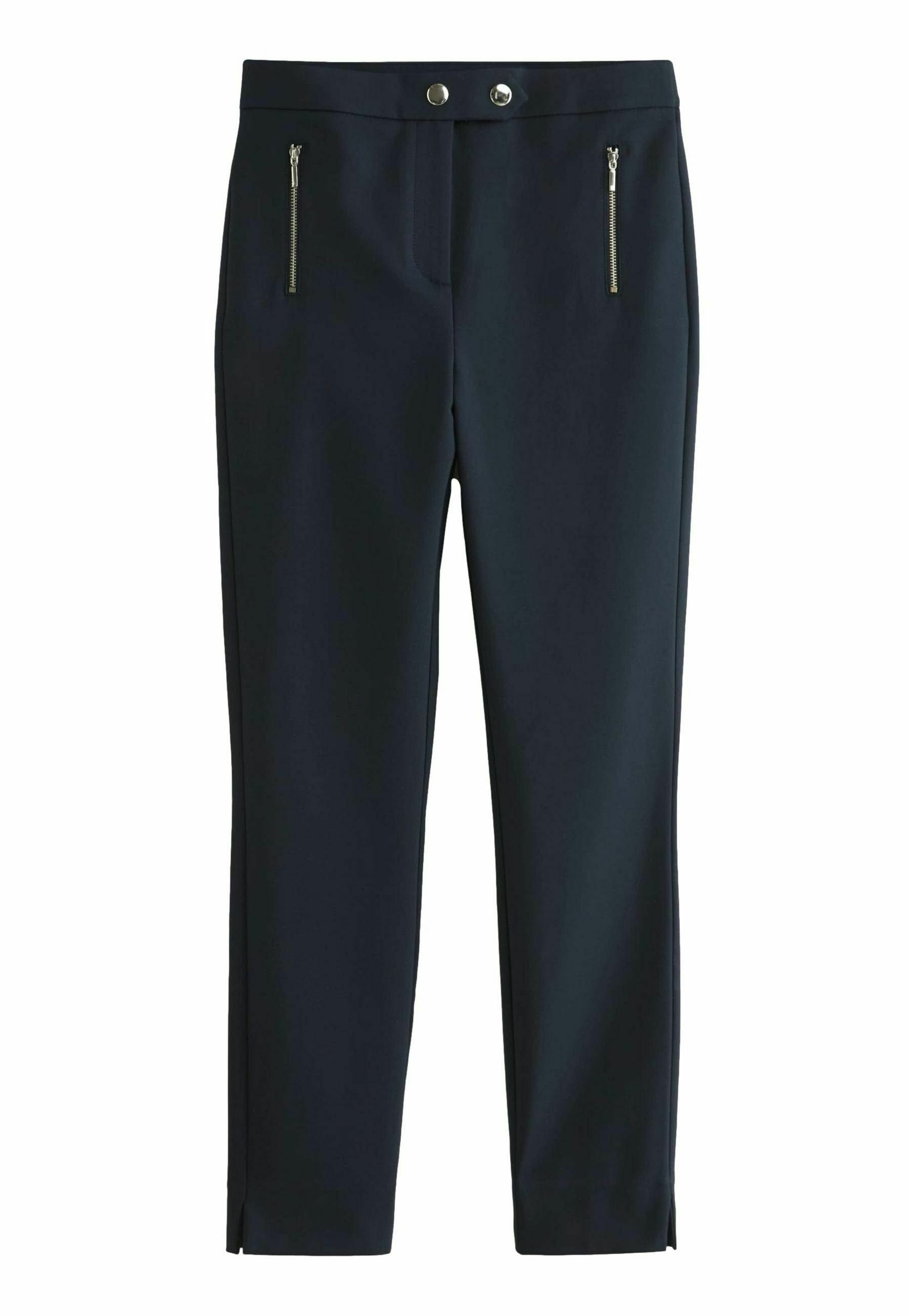 Marineblaue Hose aus glattem Stoff, mit zwei Reißverschluss-Vordertaschen, einem flachen Bund und dezenten Schlitzen an dem Saum.