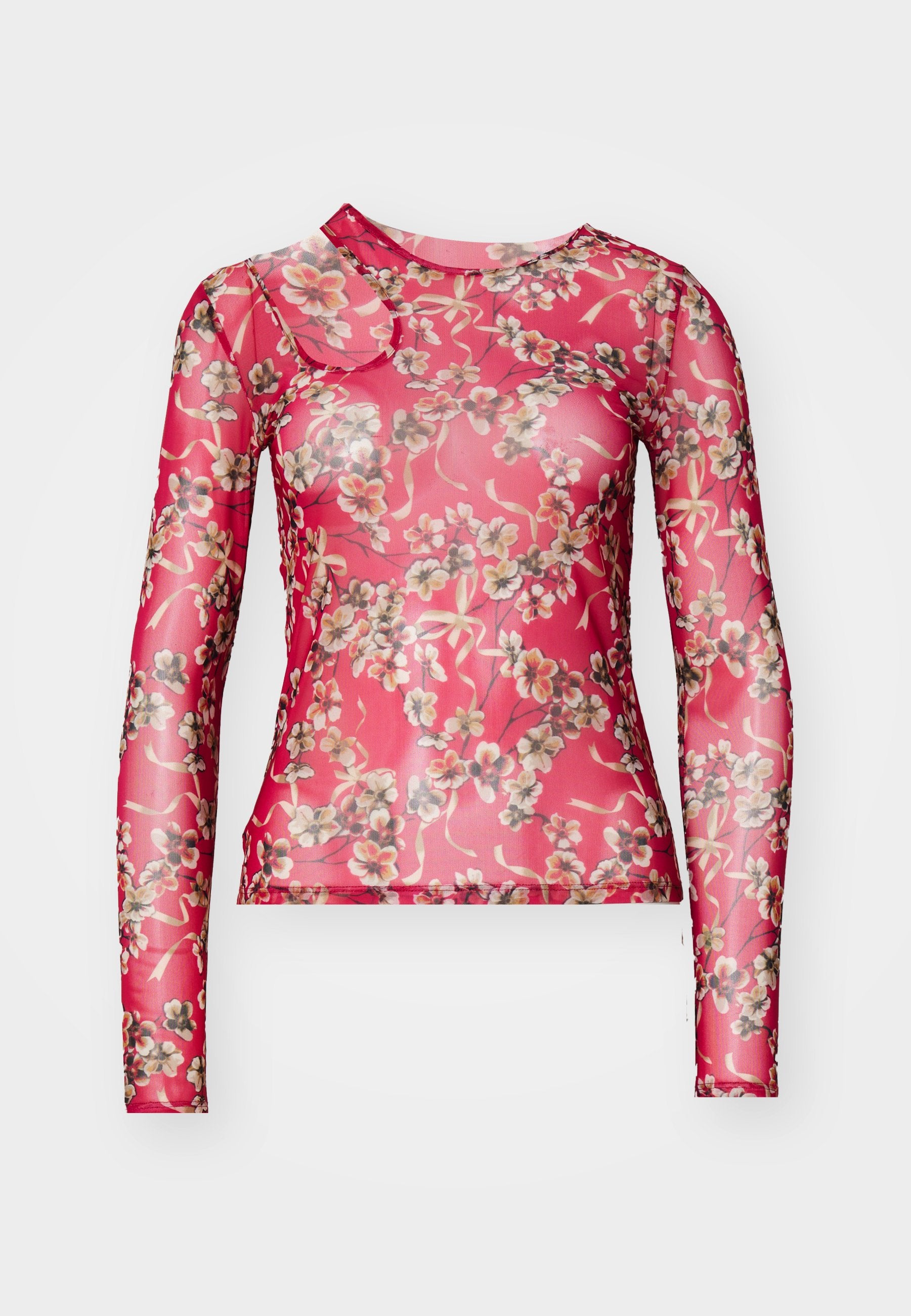Langärmliges Oberteil aus transparenter pinkfarbener Stoff mit einem Blumenmuster. Verfügt über einen runden Ausschnitt und eine taillierte Passform. Weiche Textur und leichtes Erscheinungsbild.