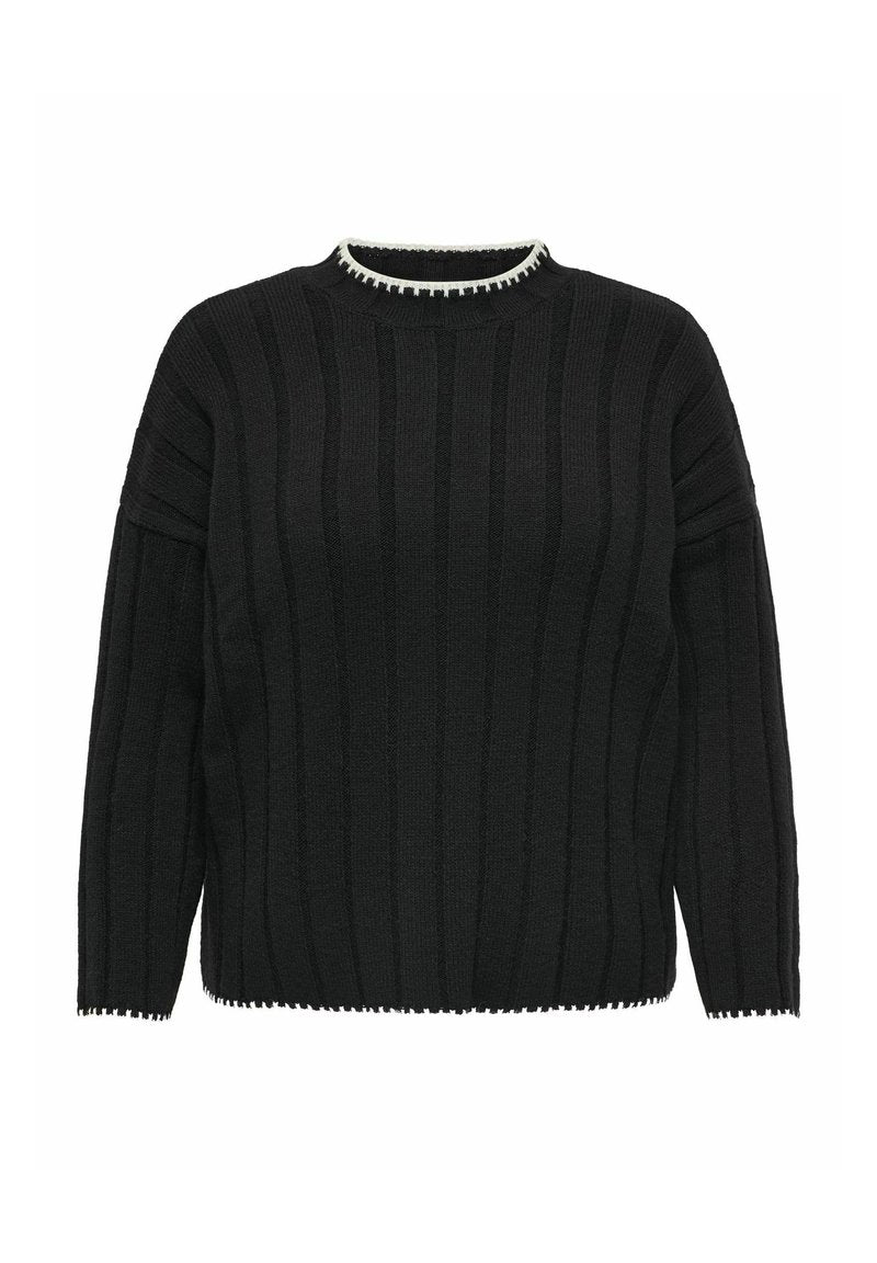 Schwarzer Strickpullover mit vertikaler Rippstruktur, rundem Halsausschnitt mit weißem Besatz und leicht lässiger Passform mit überschnittenen Schultern.