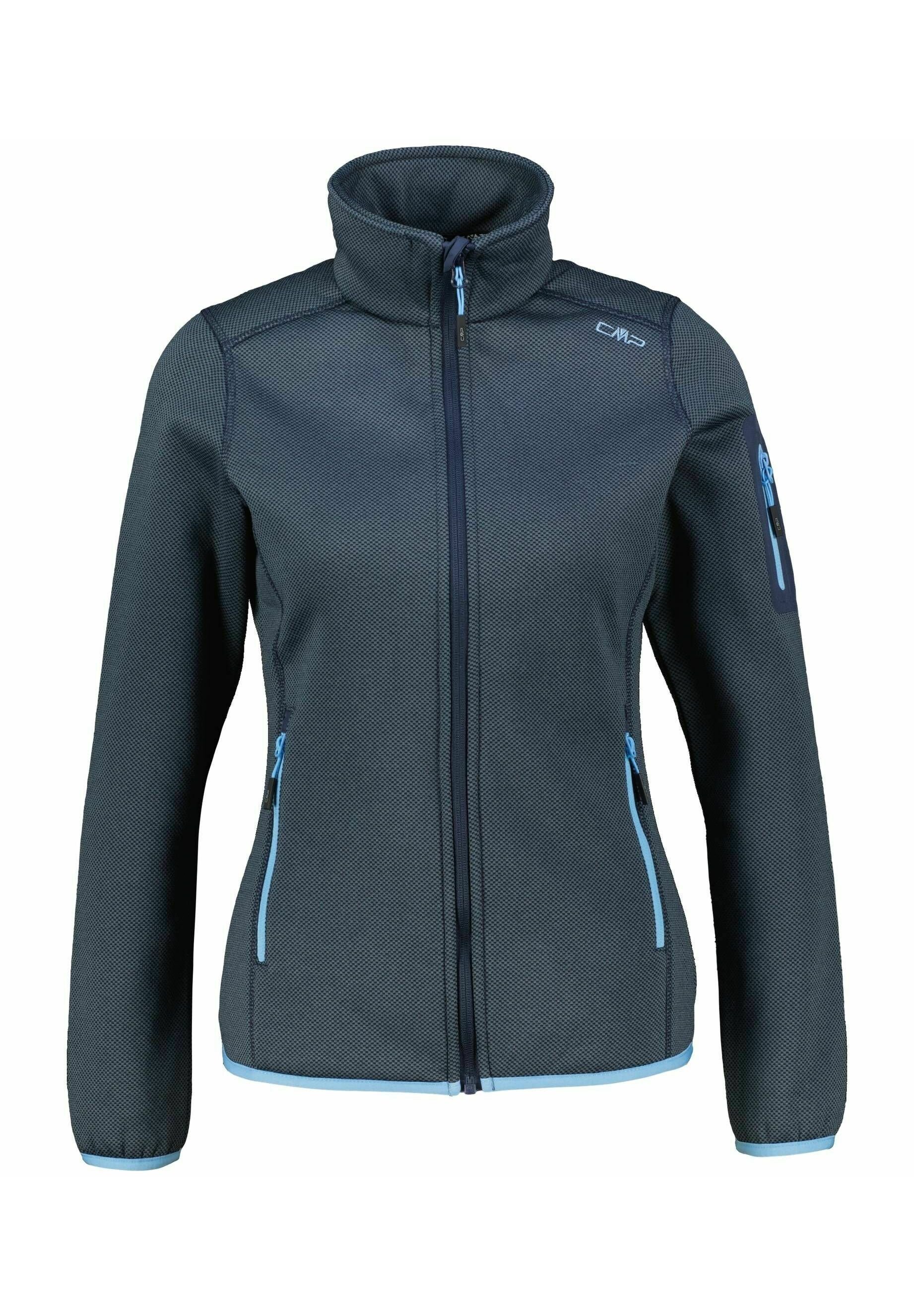 Fleecejacke in Dunkelgrau mit strukturiertem Muster, hohem Kragen, blauen Akzenten und Reißverschlusstaschen an den Seiten sowie einem Arm.