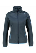 Fleecejacke in Dunkelgrau mit strukturiertem Muster, hohem Kragen, blauen Akzenten und Reißverschlusstaschen an den Seiten sowie einem Arm.