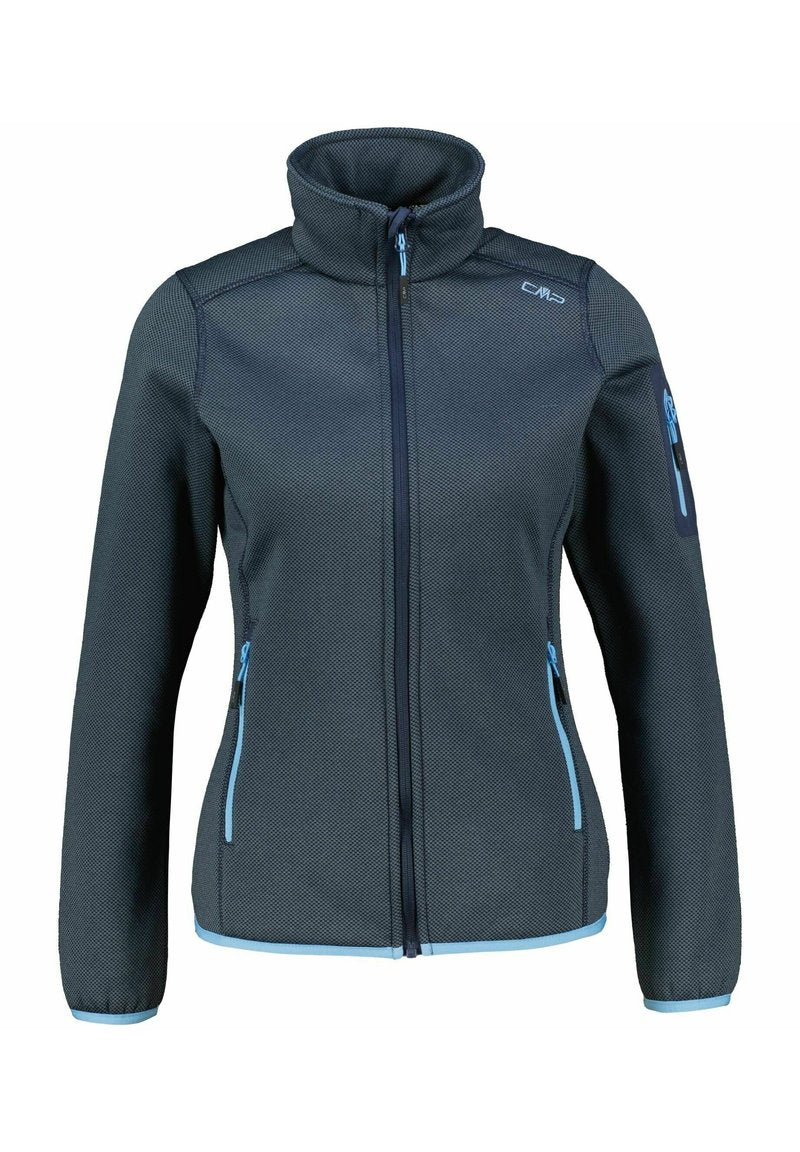 Fleecejacke in Dunkelgrau mit strukturiertem Muster, hohem Kragen, blauen Akzenten und Reißverschlusstaschen an den Seiten sowie einem Arm.