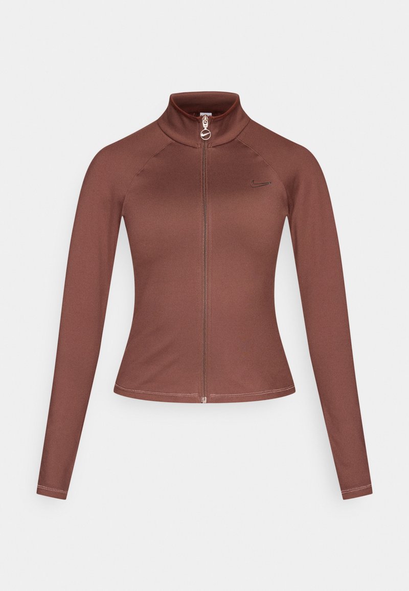 Braune Sportjacke mit hohem Kragen, langen Ärmeln und einem Reißverschluss vorne. Verfügt über ein dezentes Logo auf der Brust und glatten, elastischen Stoff.