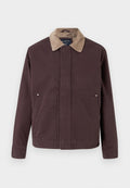 Dunkelbraune Jacke aus strapazierfähigem Stoff, mit einem Kordkragen, zwei Fronttaschen und einem geraden Schnitt.