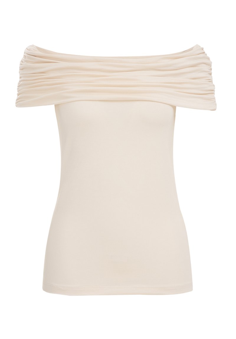 Cremfarbendes Off-Shoulder-Oberteil mit gerafftem Stoff am Ausschnitt, figurbetontem Schnitt, glatter Textur und kurzen Ärmeln. Stilvoll für die Freizeit.
