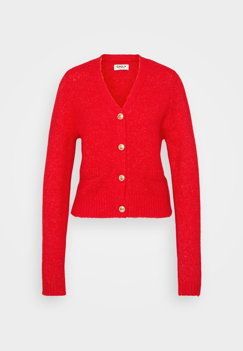 Rote Strickjacke aus strukturiertem Strickstoff mit tiefem V-Ausschnitt, langen Ärmeln, fünf goldenen Knöpfen und zwei vorderen Taschen.