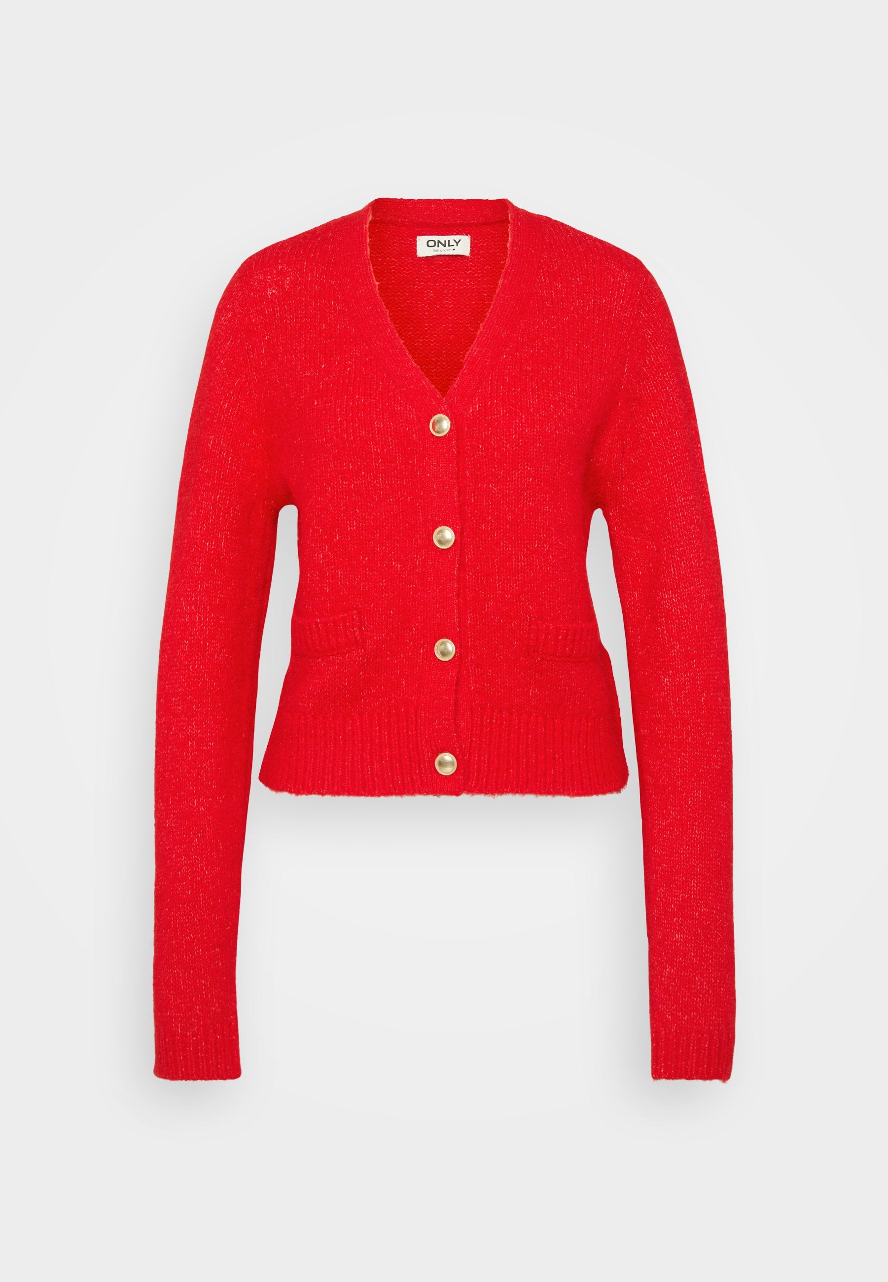 Rote Strickjacke aus strukturiertem Strickstoff mit tiefem V-Ausschnitt, langen Ärmeln, fünf goldenen Knöpfen und zwei vorderen Taschen.