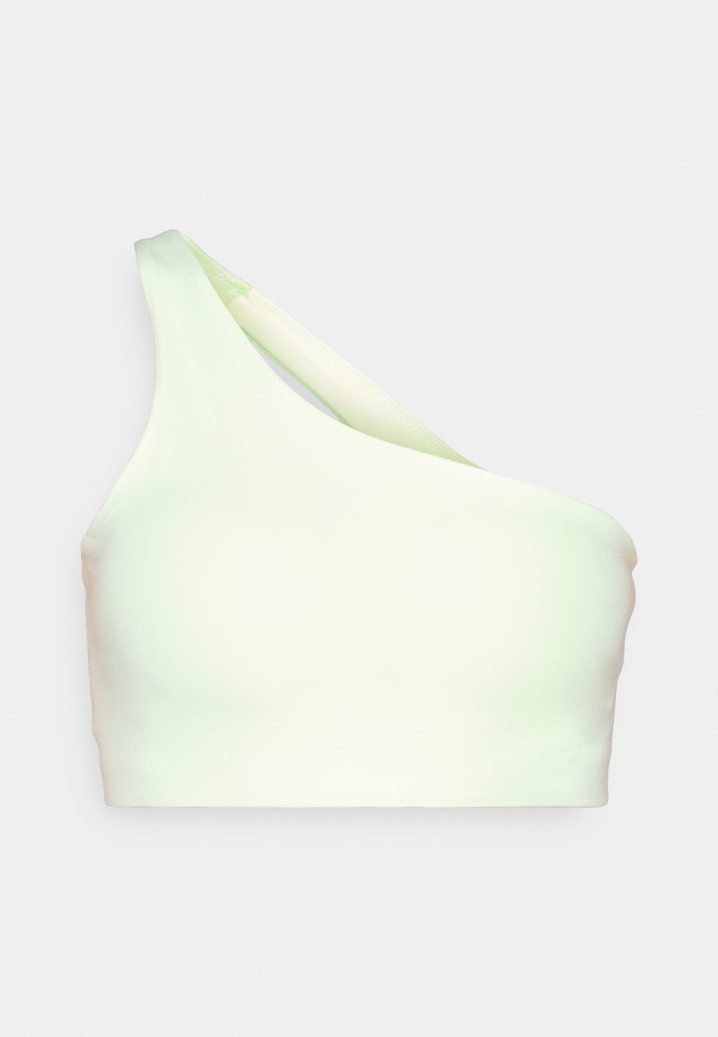Ein schulterfreies Crop-Top aus glattem, leichtem Stoff in einem hellen mintgrünen Farbton mit minimalen Nähten und enger Passform.