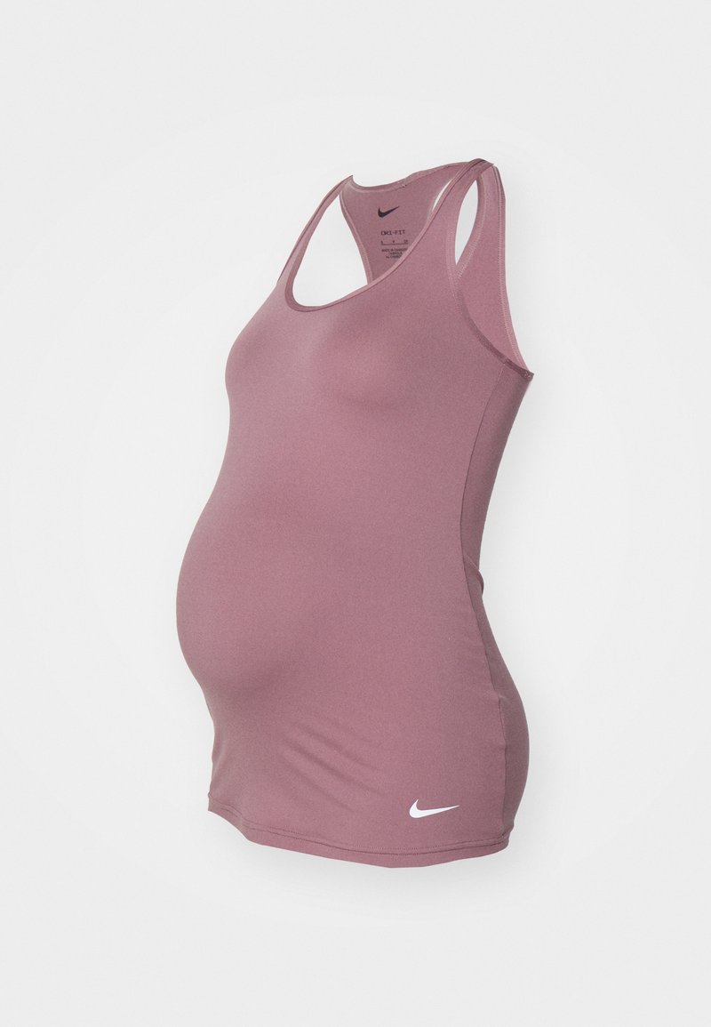 Nike Umstands-Tanktop in gedämpftem Mauve, mit taillierter Passform, Racerback und Logo-Akzent am Saum. Weicher, dehnbarer Stoff.