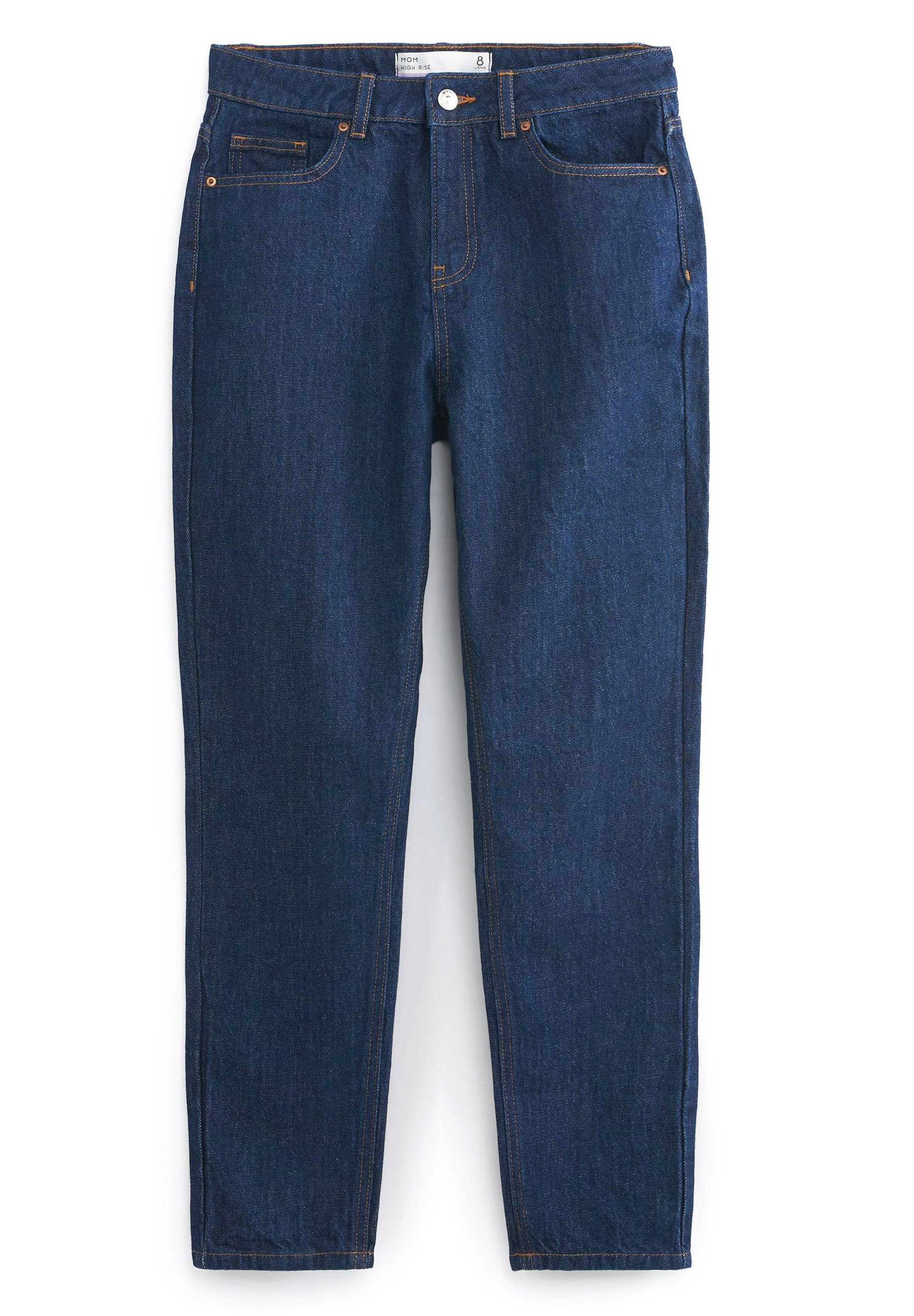 Dunkelblaue Jeans aus Denim mit geradem Schnitt, ausgestattet mit orangen Nähten und einem Knopfverschluss vorne. Enthält fünf Taschen und eine mittlere Taille.