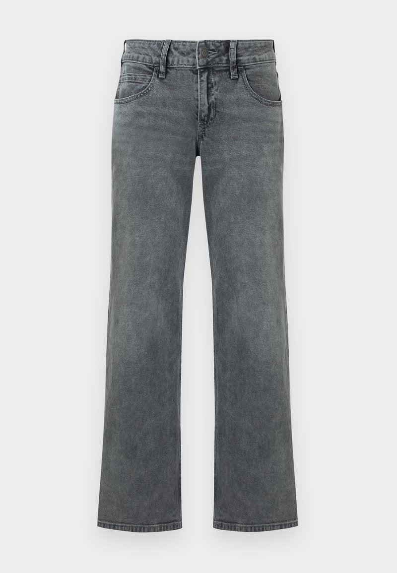 Graue gerade geschnittene Jeans aus Denim mit vorderer Knopfleiste, Reißverschluss und fünffacher Taschenanordnung, vor weißem Hintergrund dargestellt.