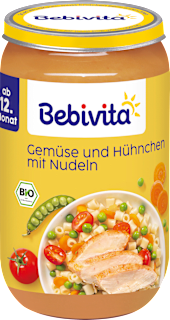 Menü Gemüse und Hühnchen mit Nudeln, ab dem 12. Monat Bebivita