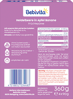 Quetschie Heidelbeere in Apfel Banane ab 1 Jahr (4x90 g) Bebivita