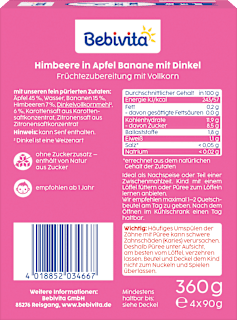 Quetschie Himbeere Banane in Apfel mit Dinkel, ab 1 Jahr (4x90 g) Bebivita