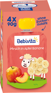 Quetschie Kinderspass Pfirsich in Apfel Banane ab 1 Jahr (4x90 g) Bebivita