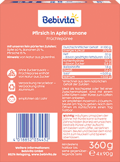 Quetschie Kinderspass Pfirsich in Apfel Banane ab 1 Jahr (4x90 g) Bebivita
