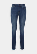 Schlanke Jeans aus dunkelblauem Denim. Zu den Merkmalen gehören ein seitlicher Knopf- und Reißverschluss, ein Fünf-Taschen-Design und ausgefranste Knöchelsäume.