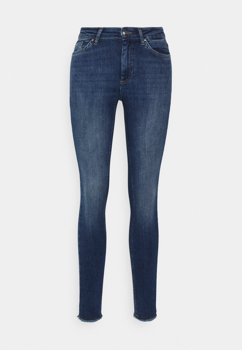Schlanke Jeans aus dunkelblauem Denim. Zu den Merkmalen gehören ein seitlicher Knopf- und Reißverschluss, ein Fünf-Taschen-Design und ausgefranste Knöchelsäume.