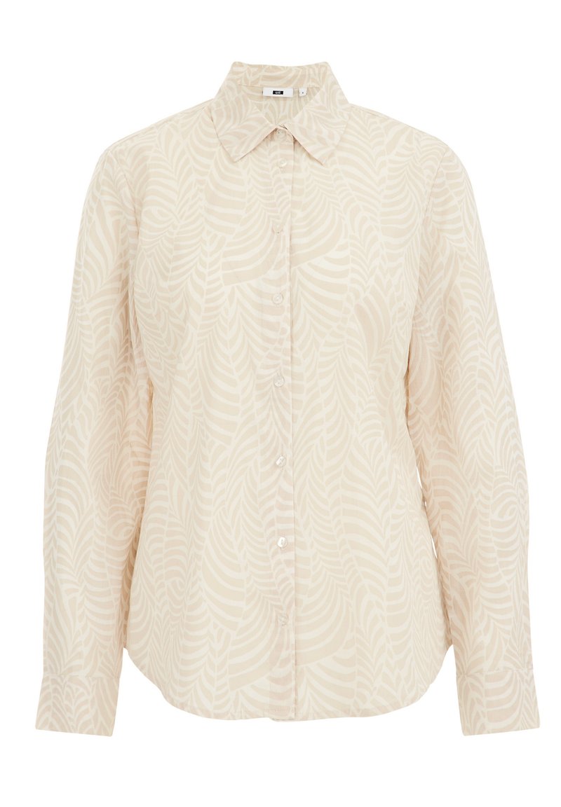Helle beige Bluse mit Blättermuster, ausgestattet mit einem spitzen Kragen, langen Ärmeln und einer knöpfbaren Vorderseite. Hergestellt aus weichem, leichtem Stoff.
