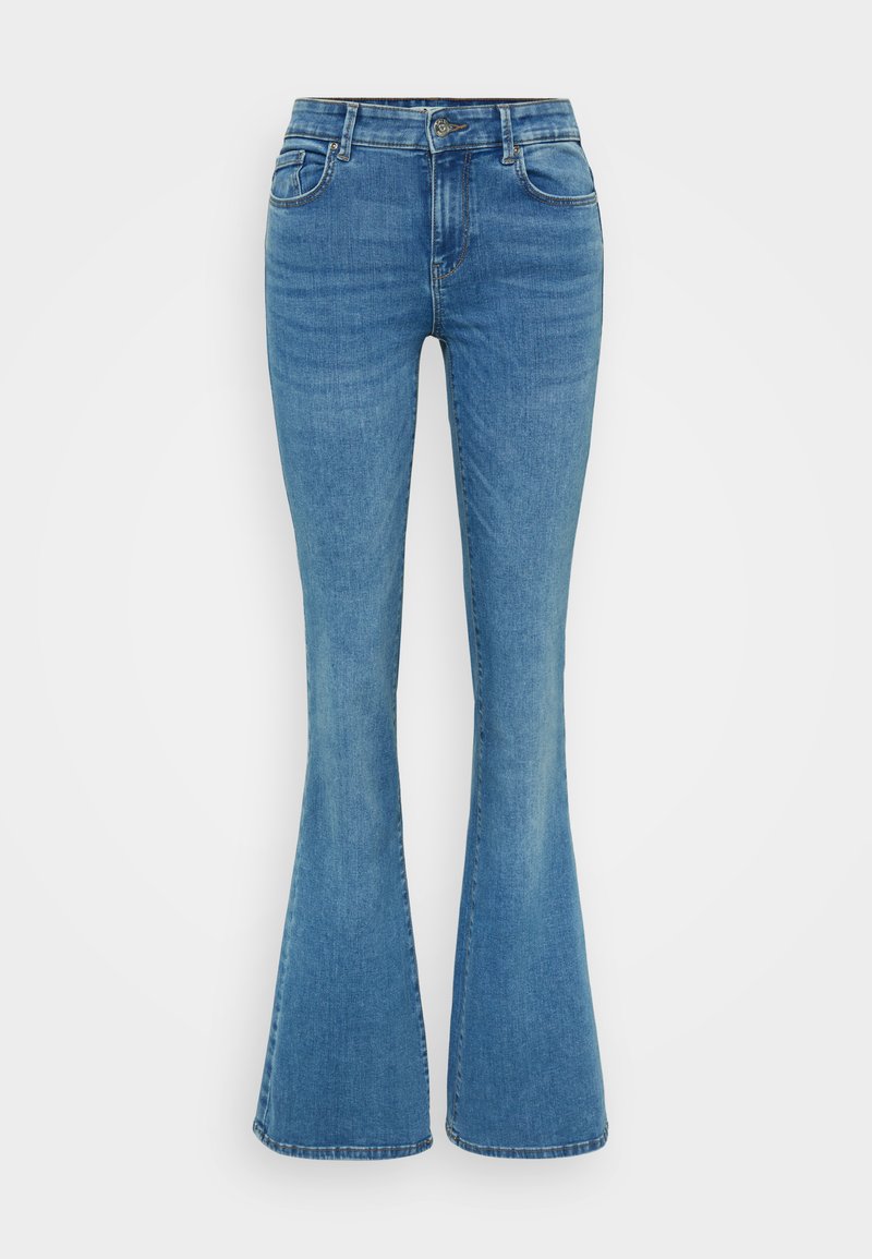Ausgestellte blaue Jeans aus Denim mit einem standardmäßigen Fünf-Taschen-Design, ausgestattet mit einem Knopf- und Reißverschluss. Helle Waschung mit glatter Textur.