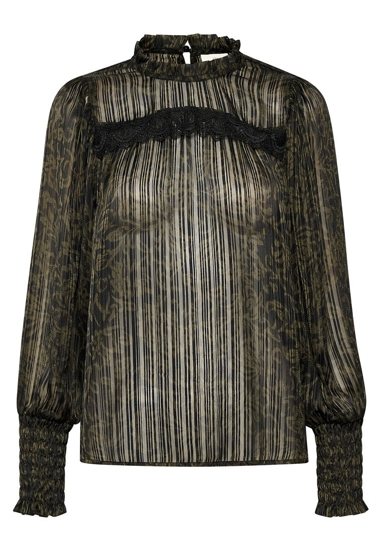 Durchsichtige schwarze Bluse mit vertikalen Streifen und floralen Mustern. Verfügt über einen gerafften Halsausschnitt und Ärmel, mit gesmokten Bündchen für zusätzliche Textur.