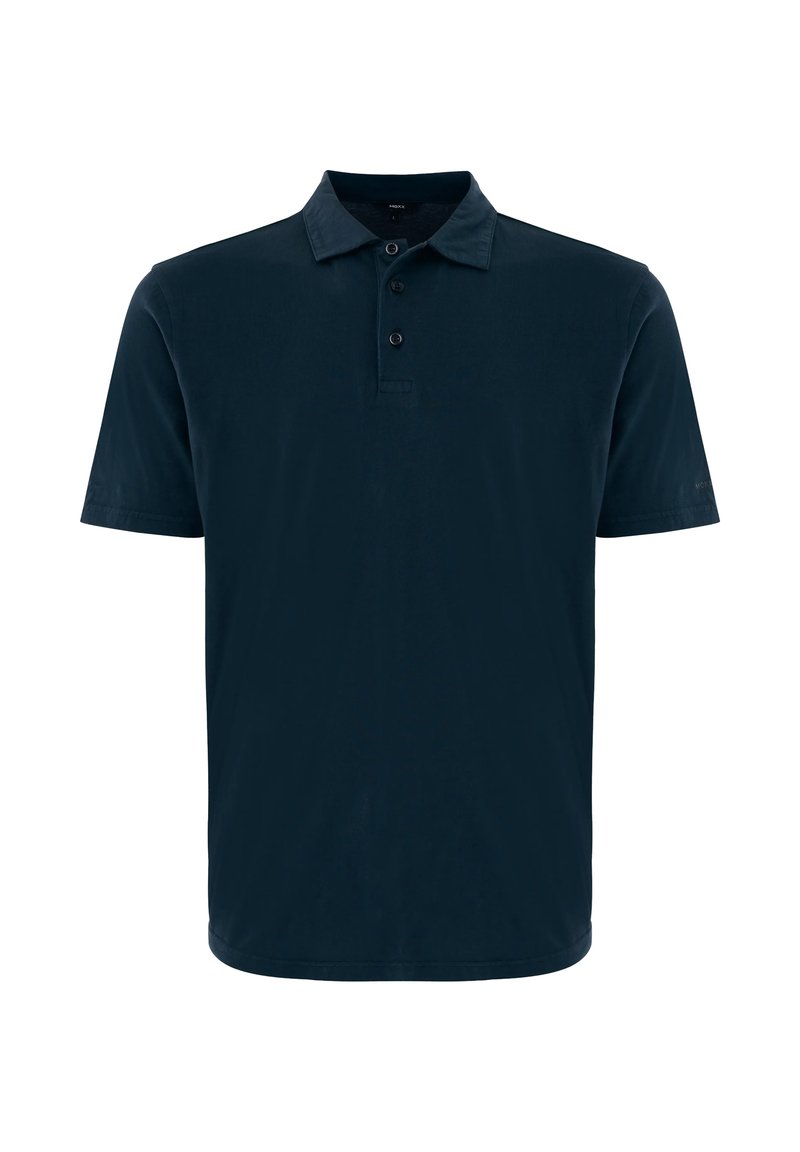 Marineblaues Poloshirt mit kurzen Ärmeln, Kragen und einer dreiknöpfigen Knopfleiste, dargestellt auf weißem Hintergrund.