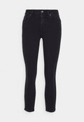 Schwarze Skinny Jeans aus Denim mit Knopf- und Reißverschluss, fünf Taschen und dezenten Nähdetails. Weiche Textur, taillierte Form.