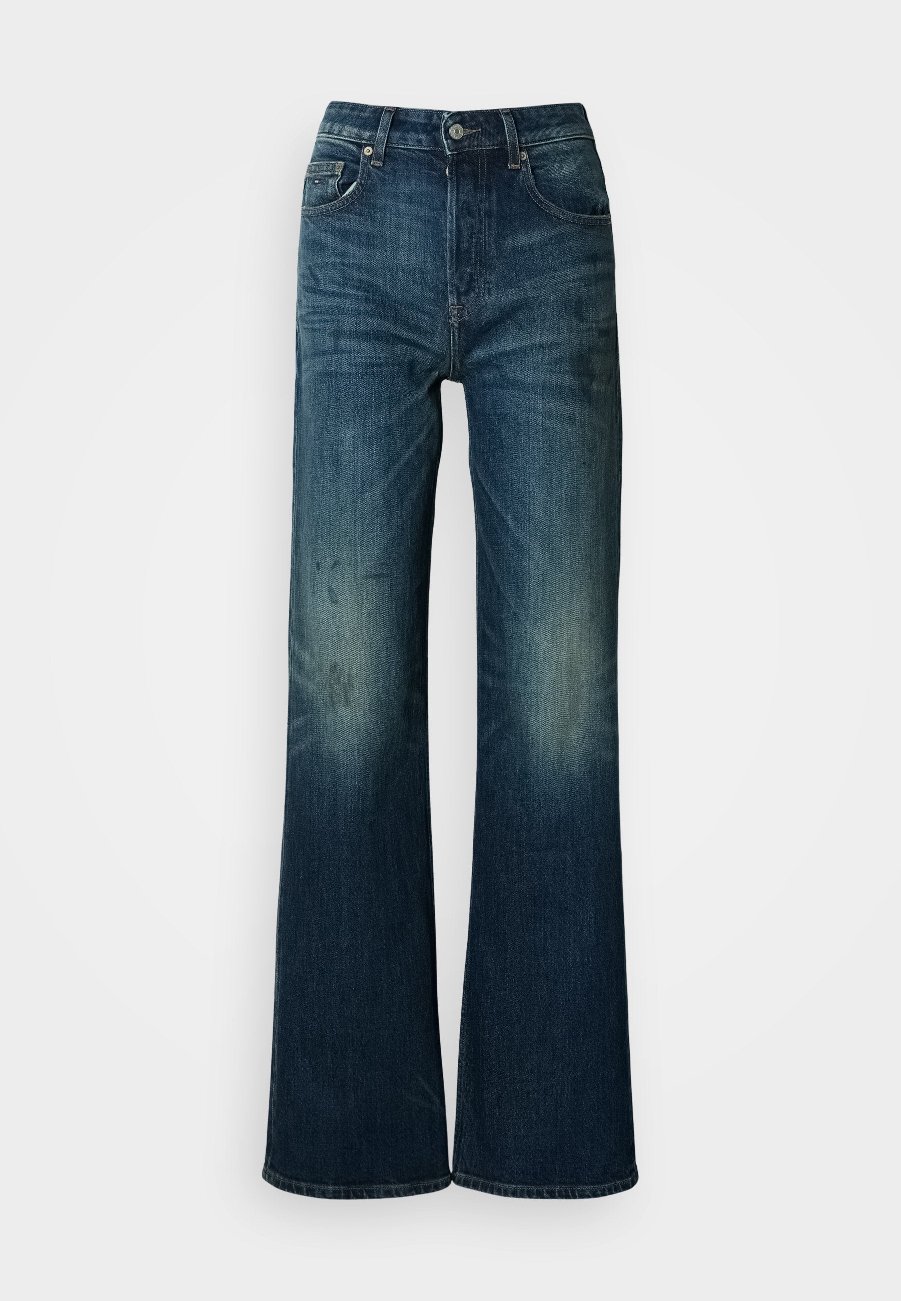 Weite Jeans in dunkelblauem Denim, mit einem verblassten Wasch-Effekt und dezenten Falten, klassischem Fünf-Taschen-Design und Knopfverschluss an der Taille.