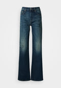 Weite Jeans in dunkelblauem Denim, mit einem verblassten Wasch-Effekt und dezenten Falten, klassischem Fünf-Taschen-Design und Knopfverschluss an der Taille.