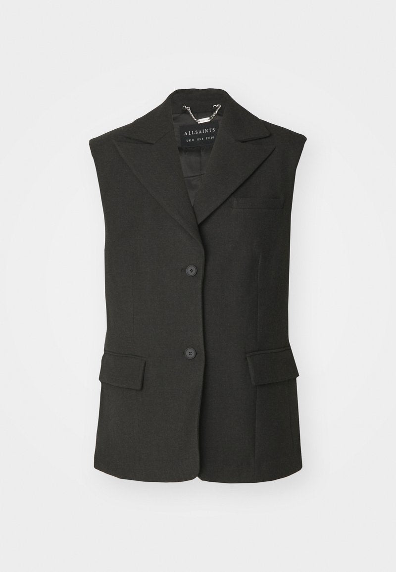 Schwarzer ärmelloser Blazer mit scharfem Kragen, zwei Fronttaschen und Einzelknopfverschluss. Hergestellt aus strukturiertem Stoff mit glatter Textur.