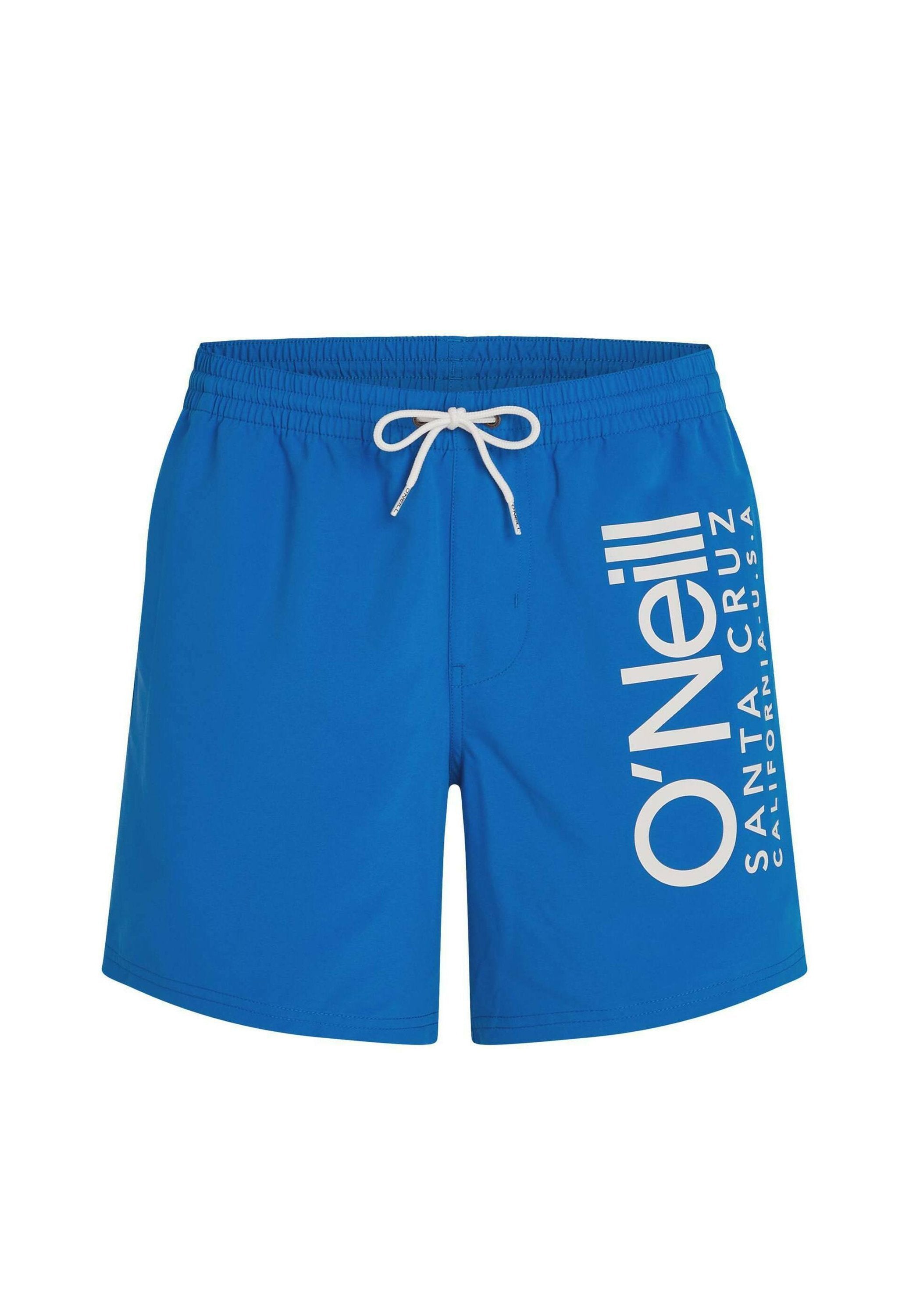 Blaue Badeshorts mit weißem Kordelzug und weißem, vertikal verlaufendem O'Neill Santa Cruz California-Logo am rechten Bein.